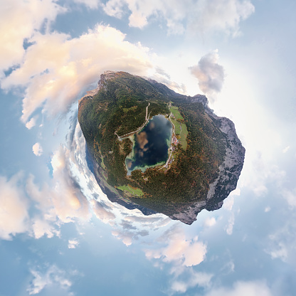 Little planet aerial panorama of Hintersee lake and Berchtesgaden national park, Germany.