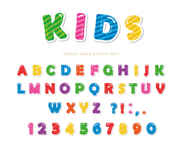 ilustrações de stock, clip art, desenhos animados e ícones de kids font. cartoon glossy colorful letters and numbers. - lollipop isolated multi colored candy