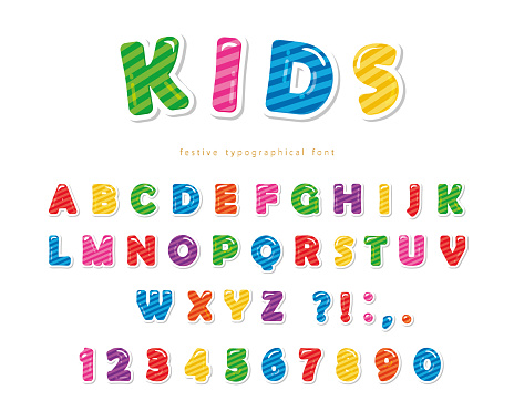Kids font. Cartoon glossy colorful letters and numbers. Vector