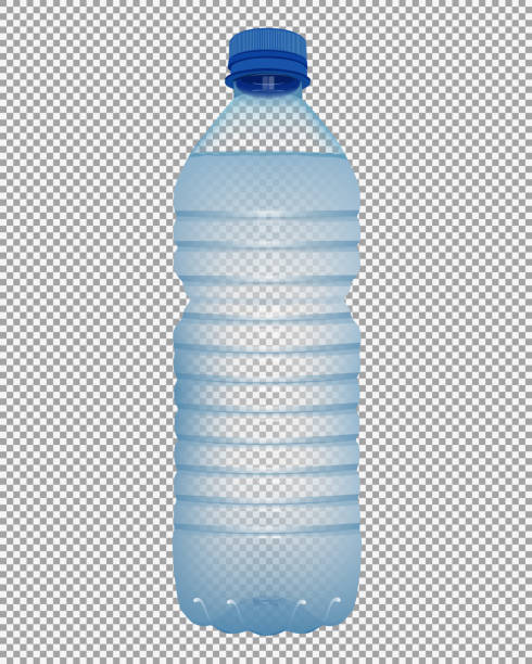 realistische kunststoff-flasche mit wasser und schließen blaue kappe auf transparenten hintergrund - wasserflasche stock-grafiken, -clipart, -cartoons und -symbole