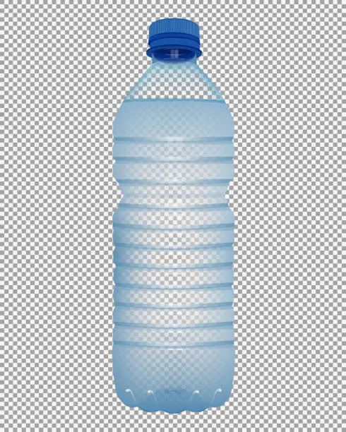 Vector illustration of Realistic plastic bottle with water with close blue cap on transparent background