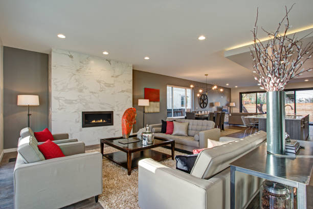 istock White and gray Living room interior with open floor plan. 939284850