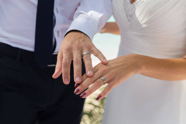 istock Bride and groom with wedding rings on their fingers 939284868