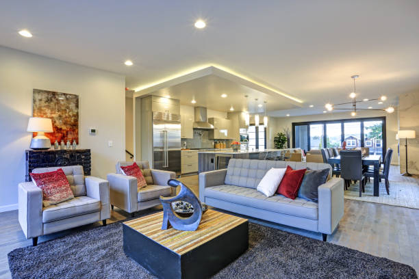 istock White and gray Living room interior with open floor plan. 939287764