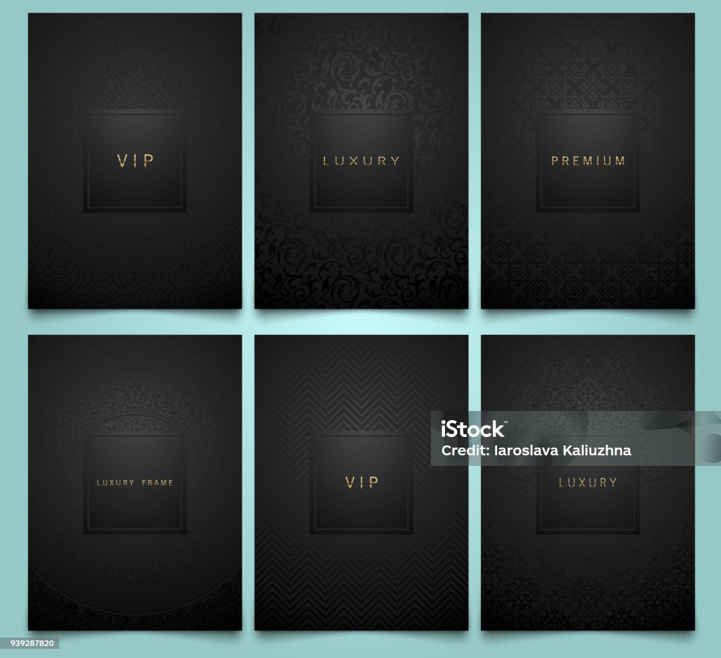 Vector set black packaging templates with brilliant linear geometric and floral damask pattern texture for luxury product. Trendy design for symbol. Premium style brochure Luxury stock vector