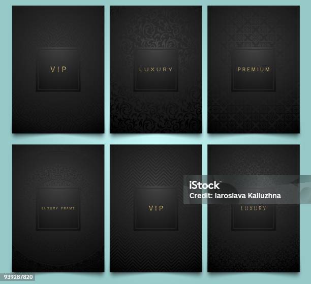 Vector Set Black Packaging Templates With Brilliant Linear Geometric And Floral Damask Pattern Texture For Luxury Product Trendy Design For Symbol Premium Style Brochure Stock Illustration - Download Image Now