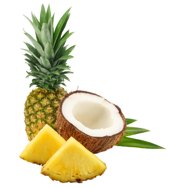 istock Coconut with pineapple and green leaves isolated on white background 939290456