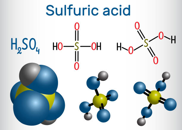 ilustrações, clipart, desenhos animados e ícones de ácido sulfúrico (sulfúrico, h2so4) molécula.  é um ácido mineral forte. modelo de fórmula e molécula químico estrutural - sulfuric