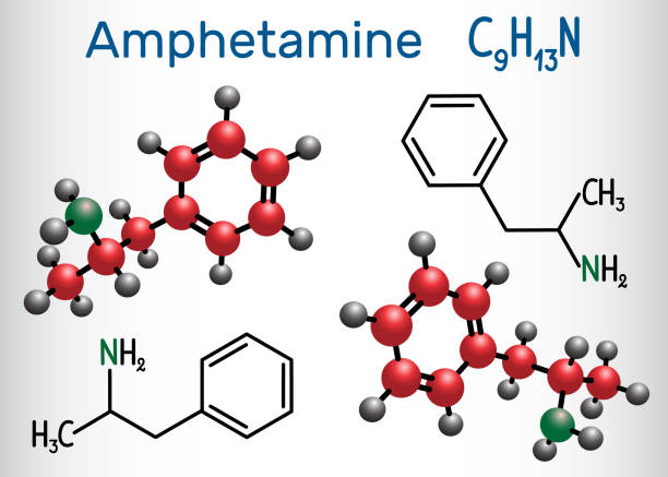 амфетамин (амфетамин, c9h13n) молекула, является мощным стимулятором центральной нервной системы (цнс). структурная химическая формула и модел - phenethylamine stock illustrations