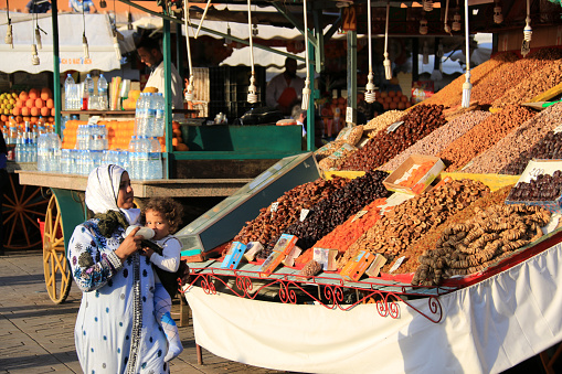 Dried fruits on display and for sale on the big market on the Jemaa el-Fnaa Square in Marrakesh, Morocco.