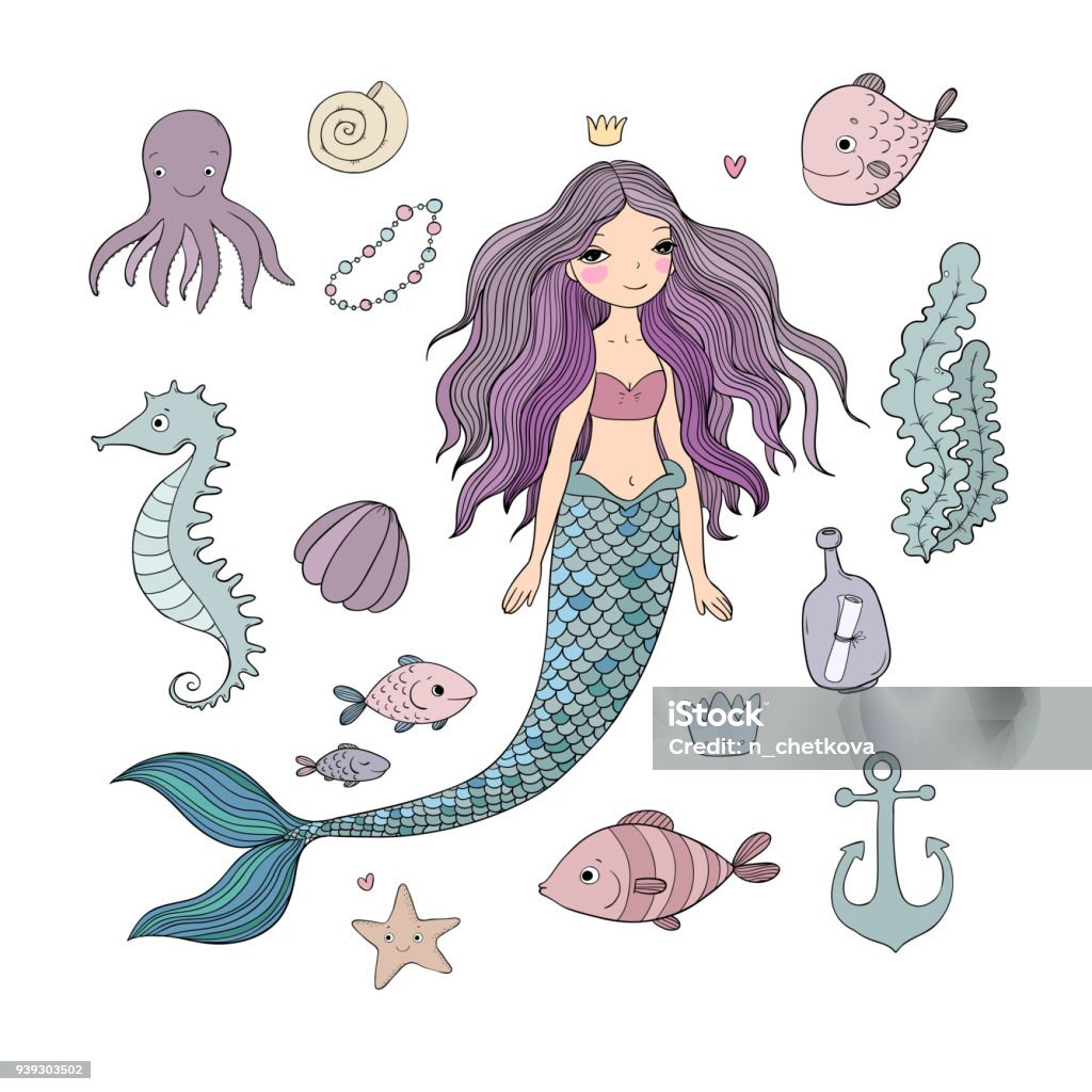 Marine illustrations set. Marine illustrations set. Little cute cartoon mermaid, funny fish, starfish, bottle with a note, algae, various shells and crab. Sea theme. isolated objects on white background. Vector. ns set. Little cute cartoon mermaid, funny fish, starfish, bottle with a note, algae, various shells and crab. Sea theme. isolated objects on white background. Vector. Mermaid stock vector