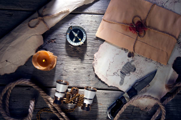 istock Vintage binoculars and pocket knife on map 939321610