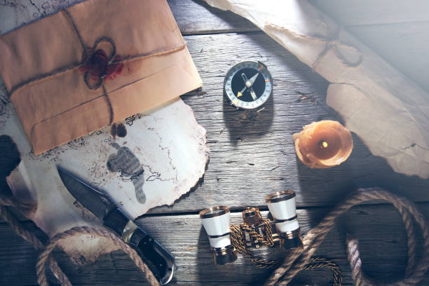 istock Vintage binoculars and pocket knife on map 939321626