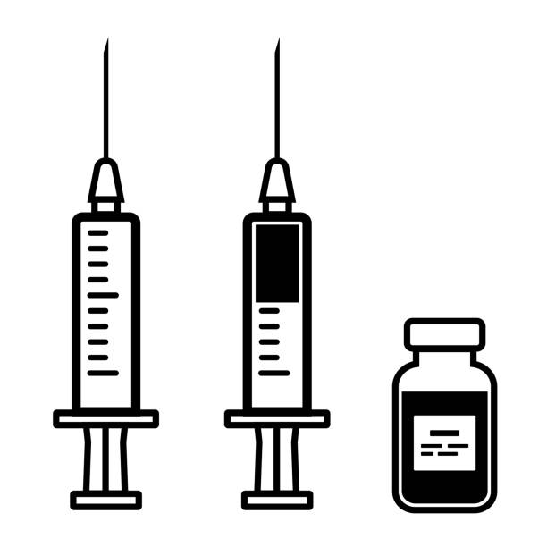 ilustrações, clipart, desenhos animados e ícones de seringa vazia para injeção, a seringa com a vacina, frasco de medicamento. projeto liso preto e branco. ilustração vetorial - syringe injecting vaccination healthcare and medicine