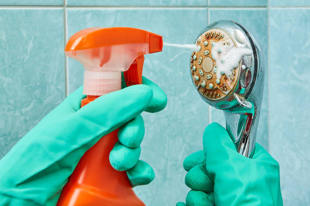 Cleaning the head of shower with a foamy liquid, close-up. Hands in green rubber protective gloves wash the head of the shower with the help of a cleaning spray. shower head stock pictures, royalty-free photos & images