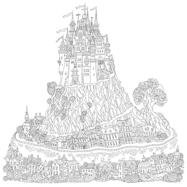 Vector illustration of Fantasy landscape. Fairy tale medieval castle on a hill. Fantastic oak tree, old street. T-shirt print. Album cover, invitation card. Coloring book page for adults and children. Black and white