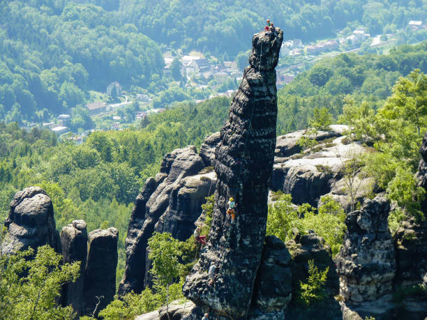 Climbers in the Elb Sandestone Mountains in Germany