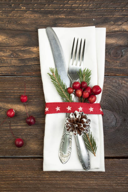 istock Christmas table place setting. Holidays background. Top view with copy space 939332946