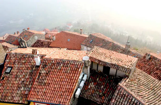 Top view of clay tile roof tops in small town