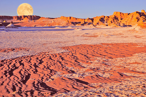 Moon valley in Atacama desert at sunset time, Chile.