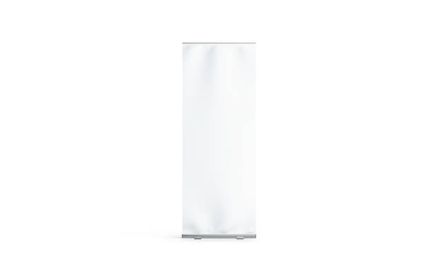 Blank white roll-up banner display mockup, isolated Blank white roll-up banner display mockup, isolated, 3d rendering. Clear rollup baner design mock up, front view. Empty roller sign board template stand. retractable stock pictures, royalty-free photos & images
