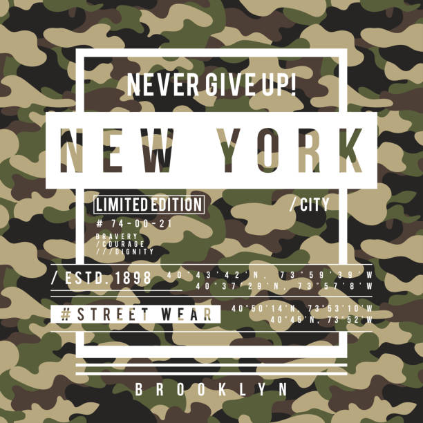 t-shirt design mit tarnung textur. new york city typografie mit slogan für print-shirt. t-shirt-grafik in militärischen streetstyle - brooklyn university new york city summer stock-grafiken, -clipart, -cartoons und -symbole