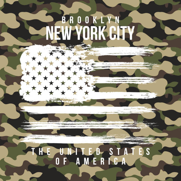 ilustrações de stock, clip art, desenhos animados e ícones de t-shirt design with camouflage texture. new york city typography with slogan for shirt print. t-shirt graphic in street military style - brooklyn university new york city summer