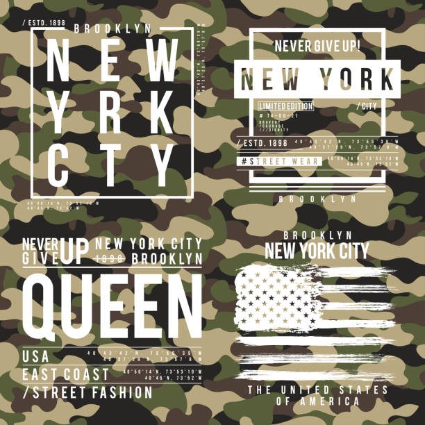 ilustrações de stock, clip art, desenhos animados e ícones de t-shirt design with camouflage texture. new york city typography with slogan for shirt print. set of t-shirt graphic in street military style - brooklyn university new york city summer