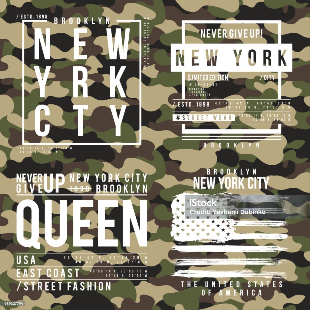 T-shirt design with camouflage texture. New York City typography with slogan for shirt print. Set of t-shirt graphic in street military style T-shirt design with camouflage texture. New York City typography with slogan for shirt print. Set of t-shirt graphic in street military style. Vector Camouflage stock vector