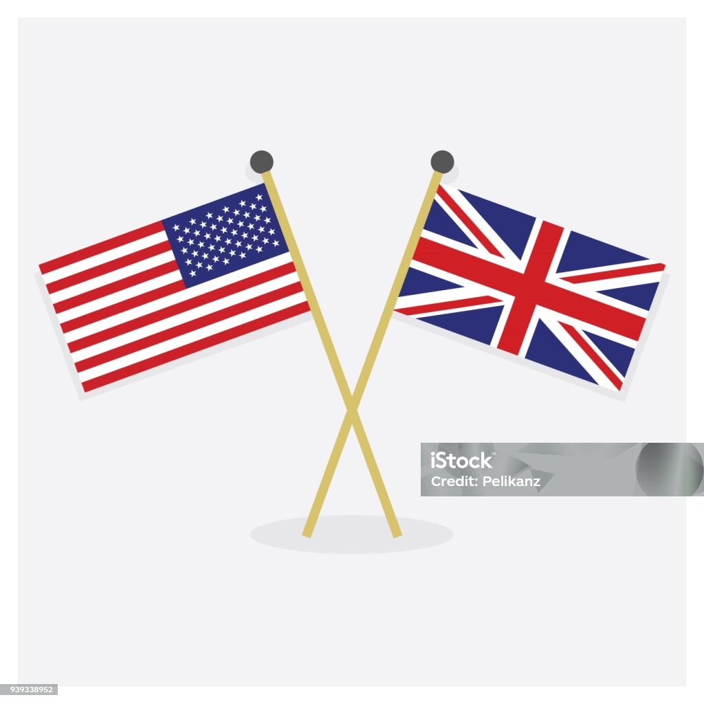 Rayé de drapeau des États-Unis d’Amérique et icônes drapeau Union Jack avec ombre sur fond blanc - clipart vectoriel de États-Unis libre de droits