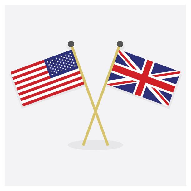 Crossed United States of America flag and Union Jack flag icons with shadow on off white background Crossed United States of America flag and Union Jack flag icons with shadow on off white background usa england stock illustrations