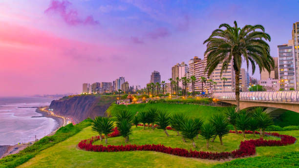 Evening view of Miraflores District, Lima Peru landscape by the coast The atmosphere at Lima Miraflores is amazing, cool breezy and the people were amaizng. The sky turns from a beautiful magenta to blue .. it was wonderful. lima peru stock pictures, royalty-free photos & images