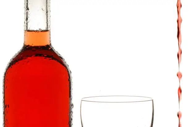 Bottle of wine, glass of wine, backlight, white background, rose wine, wine, liquid