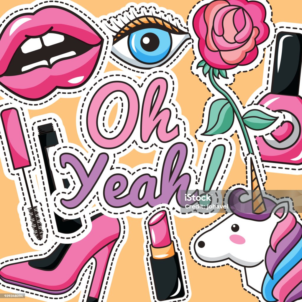 patches fashion image oh yeah patches fashion unicorn flower eye lipstick image vector illustration Human Lips stock vector