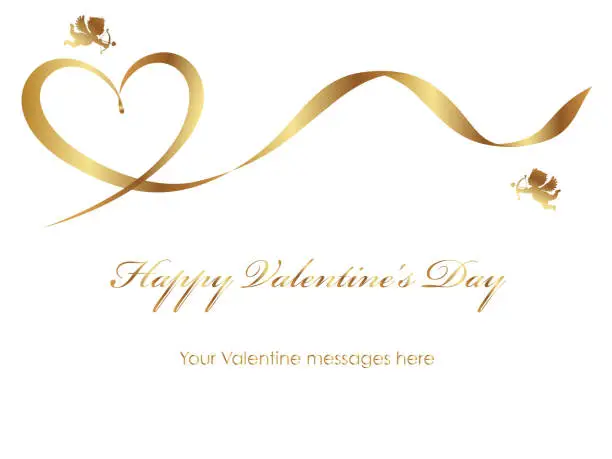Vector illustration of Valentine card template with a gold ribbon, cupids, and text space.
