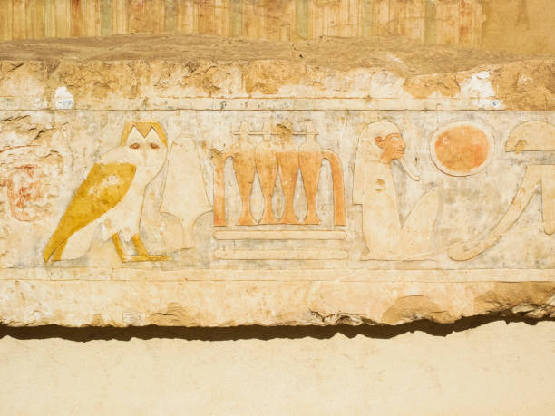 Hieroglyphics at Mortuary Temple of Hatshepsut in Deir el-Bahari, Egypt Hieroglyphics at Mortuary Temple of Hatshepsut in Deir el-Bahari, Egypt. el bahari stock pictures, royalty-free photos & images