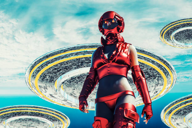 istock Futuristic space woman walking with UFOs 939348770