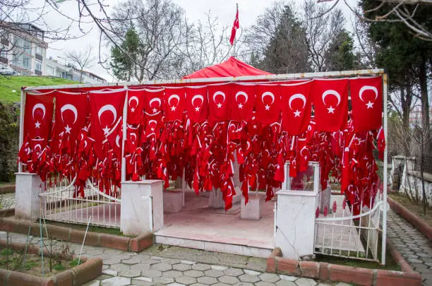 Grave decorated with a lot of Turkish flags