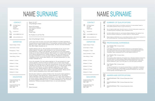 Vector Minimalist Creative Cover Letter And One Page Resume/CV Template On White Background Vector illustration of a minimalist cover letter and single-page resume/CV template on a white background. All text has been converted to paths to avoid font conflicts. modern resume template stock illustrations