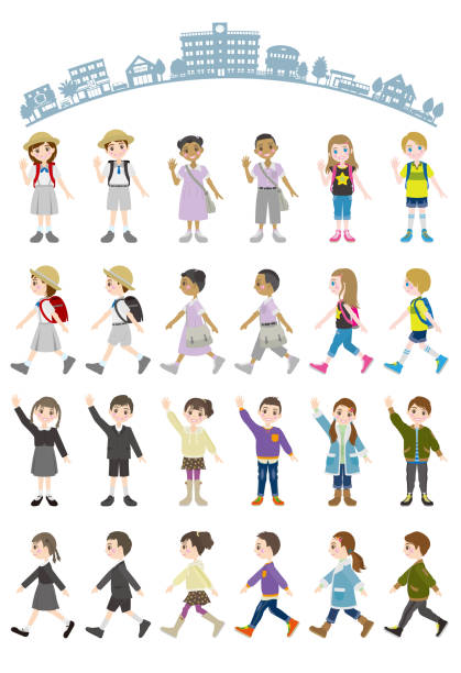 Illustrations of various people / Children Illustration of a person school bus stop stock illustrations