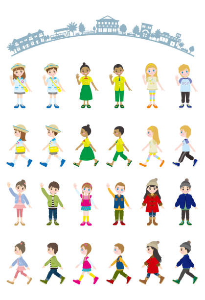 Illustrations of various people / Children Illustration of a person school bus stop stock illustrations