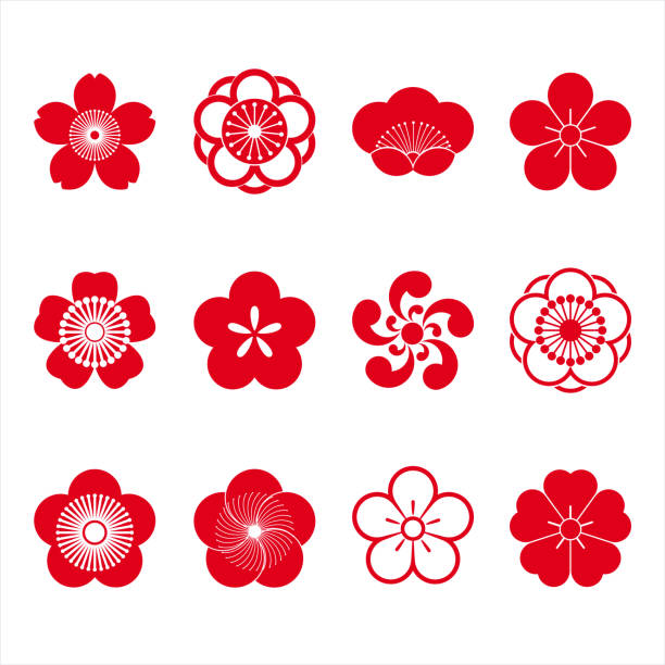 Cherry blossom icons Cherry blossom icons, sakura icons, japanese flower, set of 12 plum blossom stock illustrations