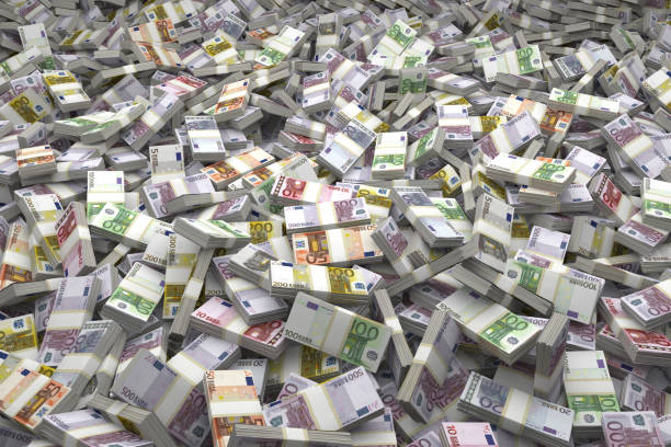 Money Pile Bundles of €500, €200, €100, €50, €20, €10, €5 Euro Notes Money Pile Bundles of Euro Notes laid out in a massive pile. Millions and Millions of Euros. euro symbol stock pictures, royalty-free photos & images