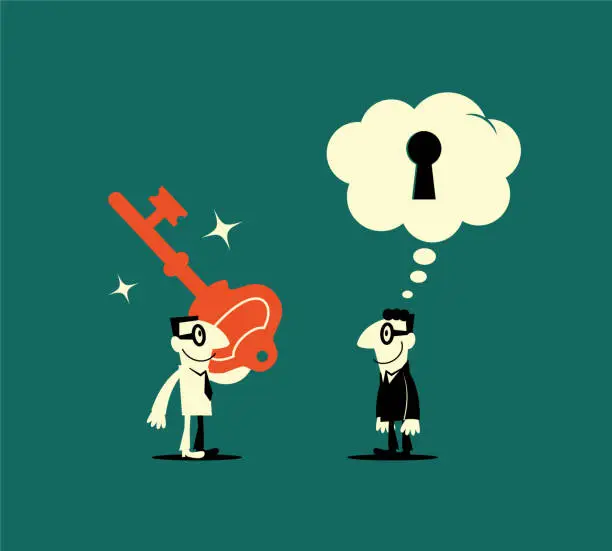 Vector illustration of Businessman holding a key unlocking another man (boss, consumer psychology) mind, thought bubble with keyhole, find out what other people think