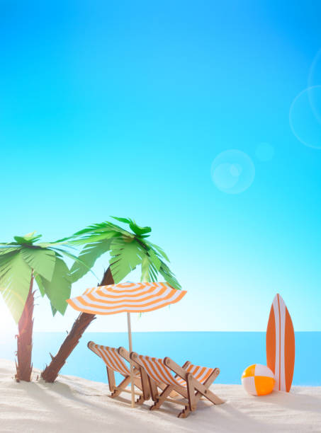 istock Tropical still life. Dawn on the sandy coast with palm trees. Deck chairs, surfboard and ball on the beach 939391090