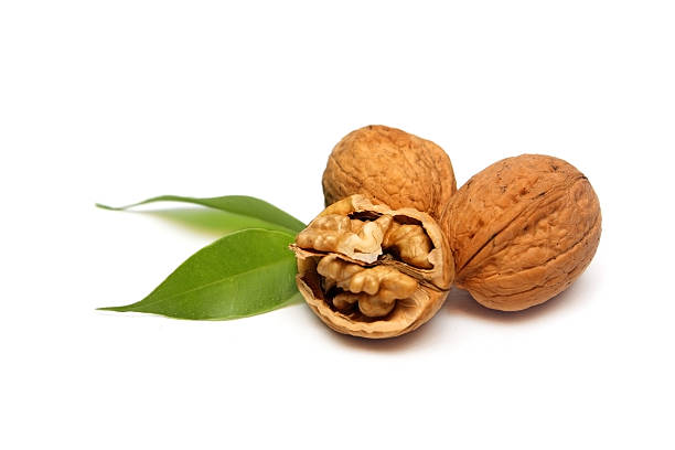 One cracked and two shelled walnuts with leaves on white stock photo