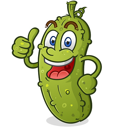 A happy smiling pickle giving an enthusiastic thumbs up