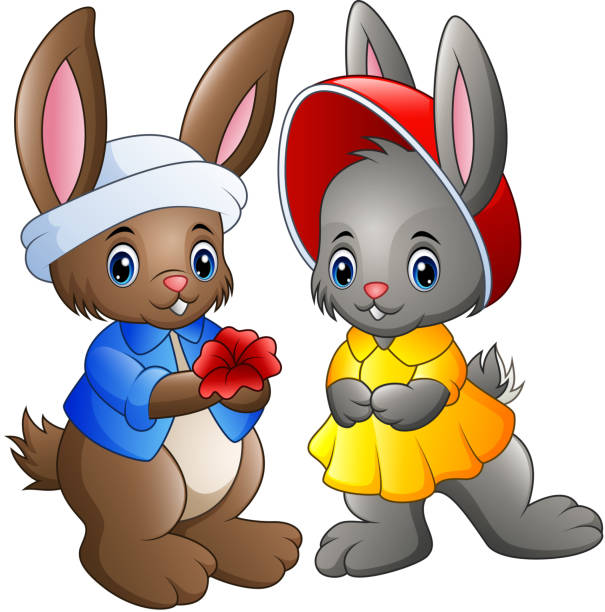 ilustrações, clipart, desenhos animados e ícones de menino de coelhinho bonito dos desenhos animados dá flores para uma garota de coelho - easter rabbit baby rabbit mascot