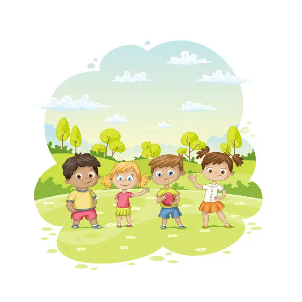 Vector illustration of Group of children ist standing in a meadow