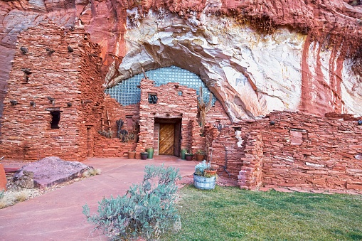 Moqui (Moki) Archeology Cave Shelter and Food Store Ruins in Sandstone Cliffs near Kanab Utah, once used by Anasazi Hopi Native Tribe